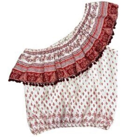 living doll Red and White Asymmetrical Ruffled Blouse - Picture 1 of 10